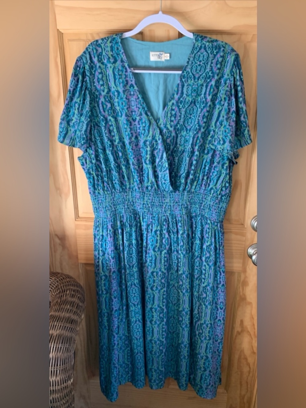 Terra & Sky Teal Blue Purple V-Neck Maxi Cotton Lined Dress Size 3X 24W-26W